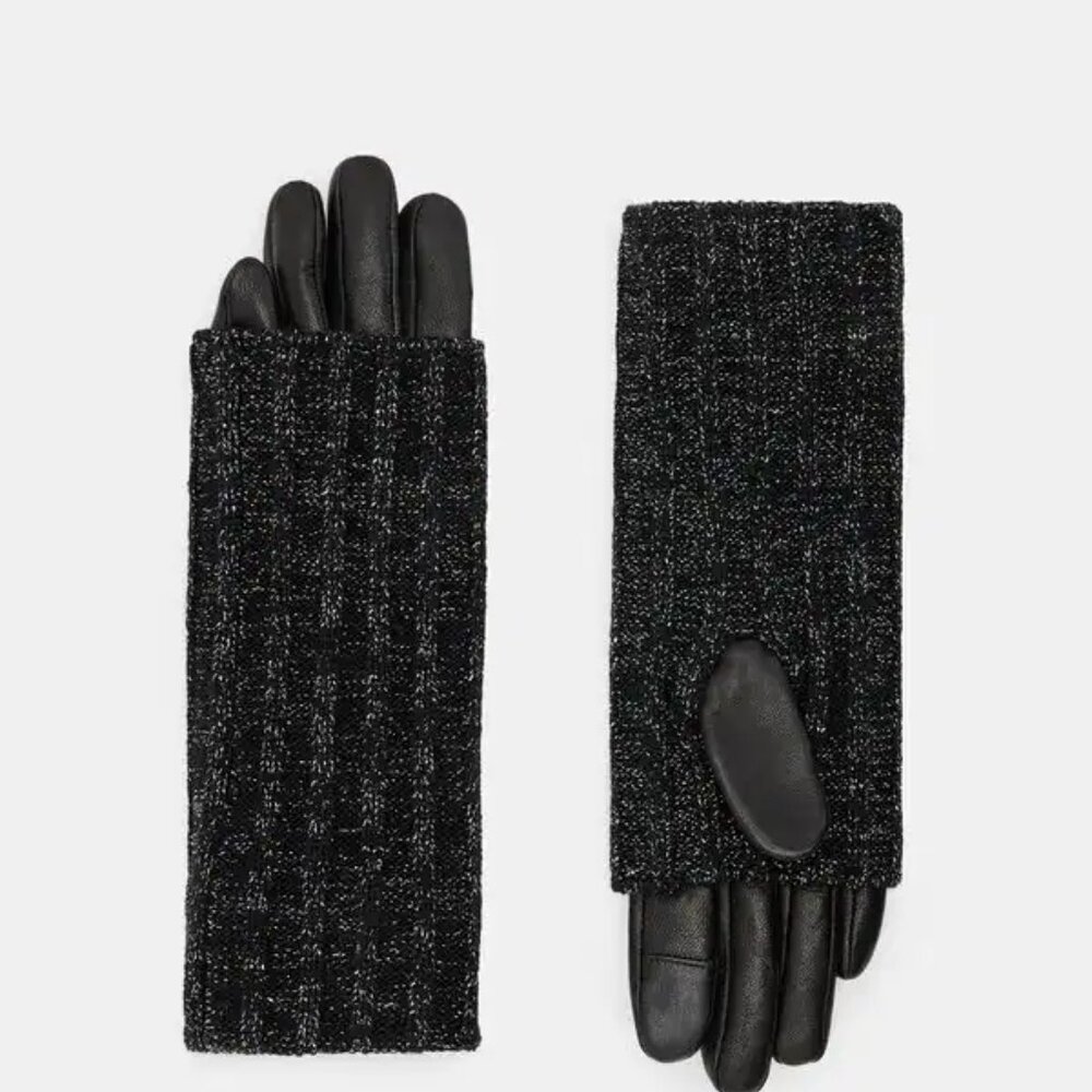 AllSaints Zoya Leather Gloves w/ Metallic Knit Cuff | Black | XS | NWT MSRP $119